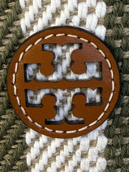 Tory Burch Blake Grove Green & White Striped Canvas Tote Cognac Leather Trim - Picture 4 of 14